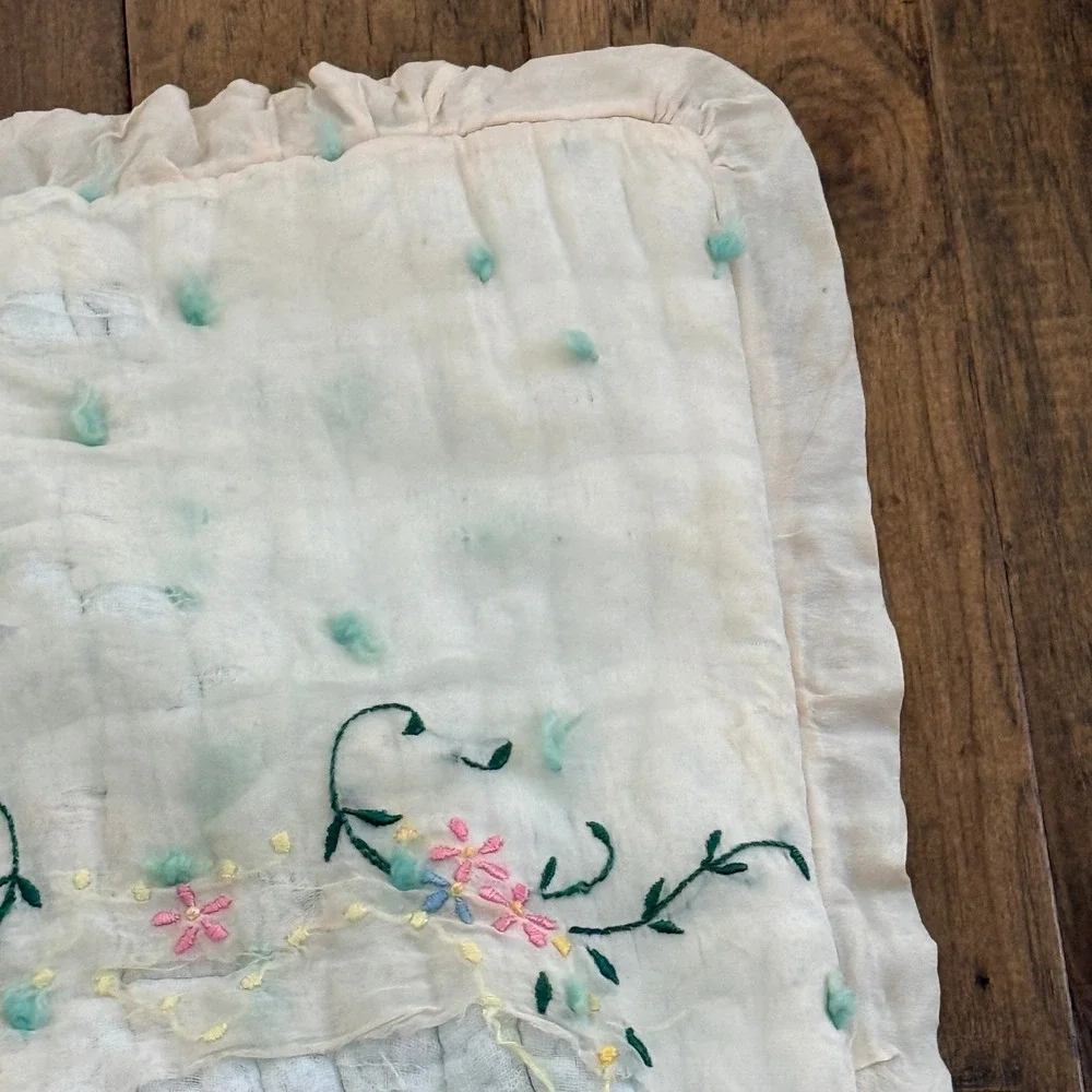 Vintage Hand Embroidered Floral Heart Baby Quilt Ruffle Trim White Teal Pink